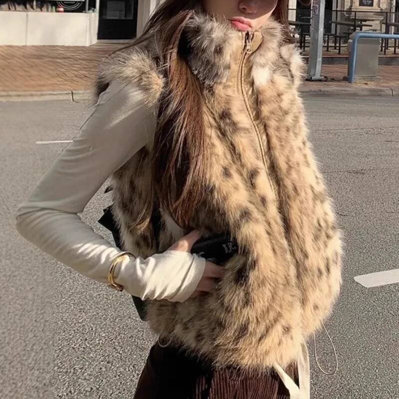 Women'S Fashion Gilet - Colete de pele sintética com estampa