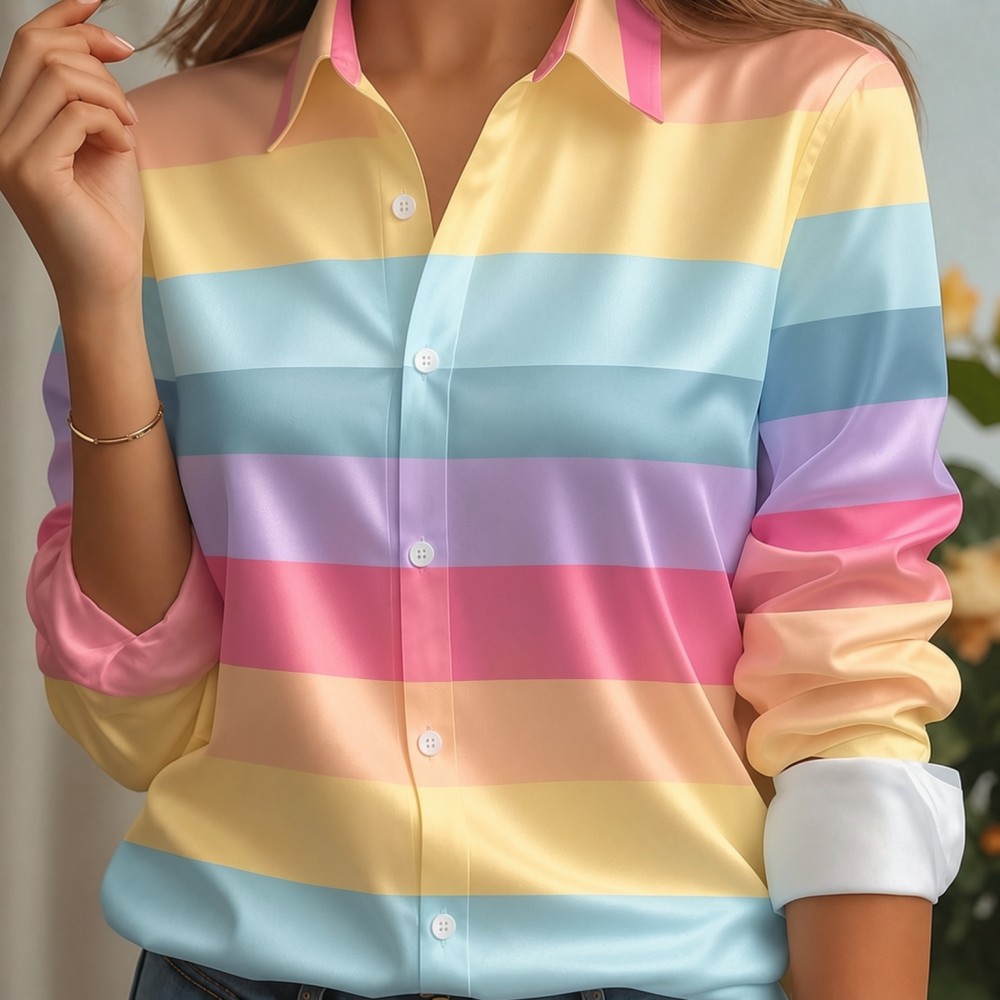 Women Fashion Images - Camisa Feminina de Cetim com Gola