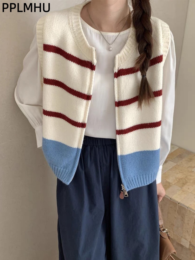 Women'S Fashion Gilet - Cardigan listrado com zíper colete de