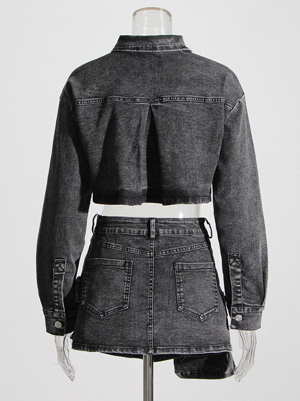   Jaqueta Curta de Denim Cinza - Women'S Fashion Utility Jacket avaliação e preço