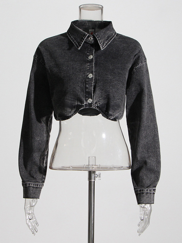   Jaqueta Curta de Denim Cinza - Women'S Fashion Utility Jacket avaliação e preço