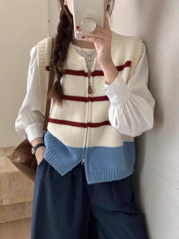 Cardigan listrado com zíper co - Women'S Fashion Gilet avaliação e preço