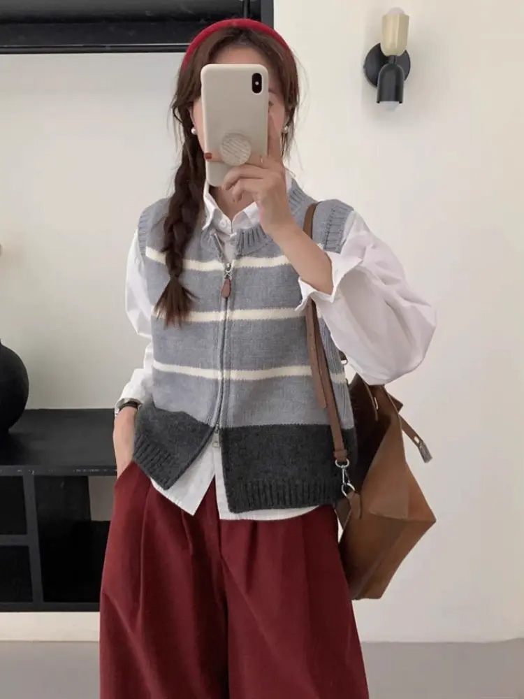 Cardigan listrado com zíper co - Women'S Fashion Gilet avaliação e preço