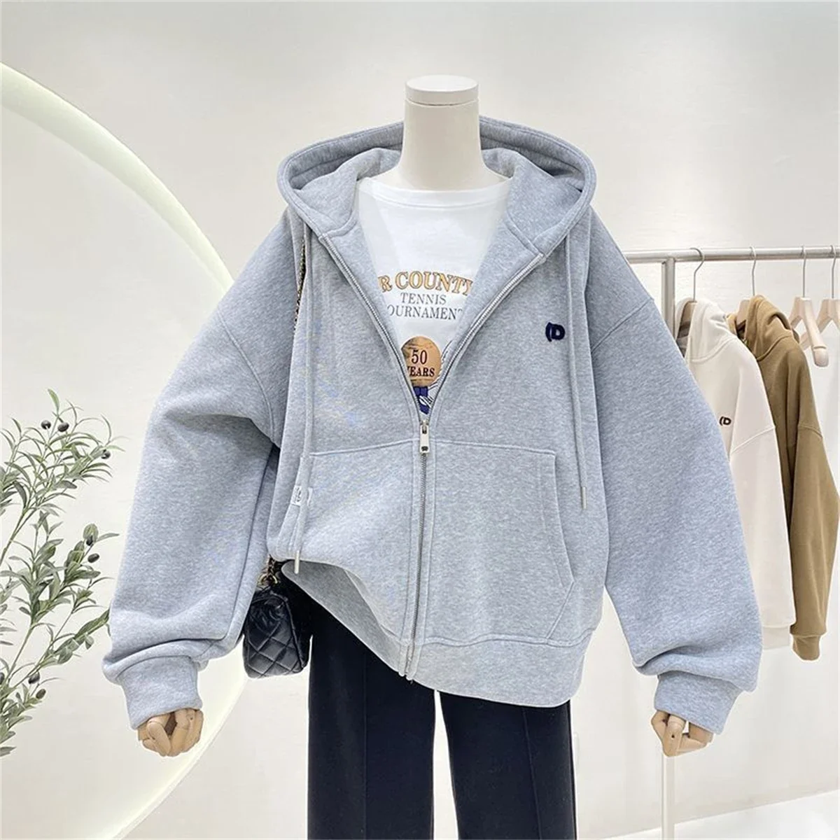 Moda outono sólido moletom com - Women'S Fashion Zip Up Hoodies avaliação e preço