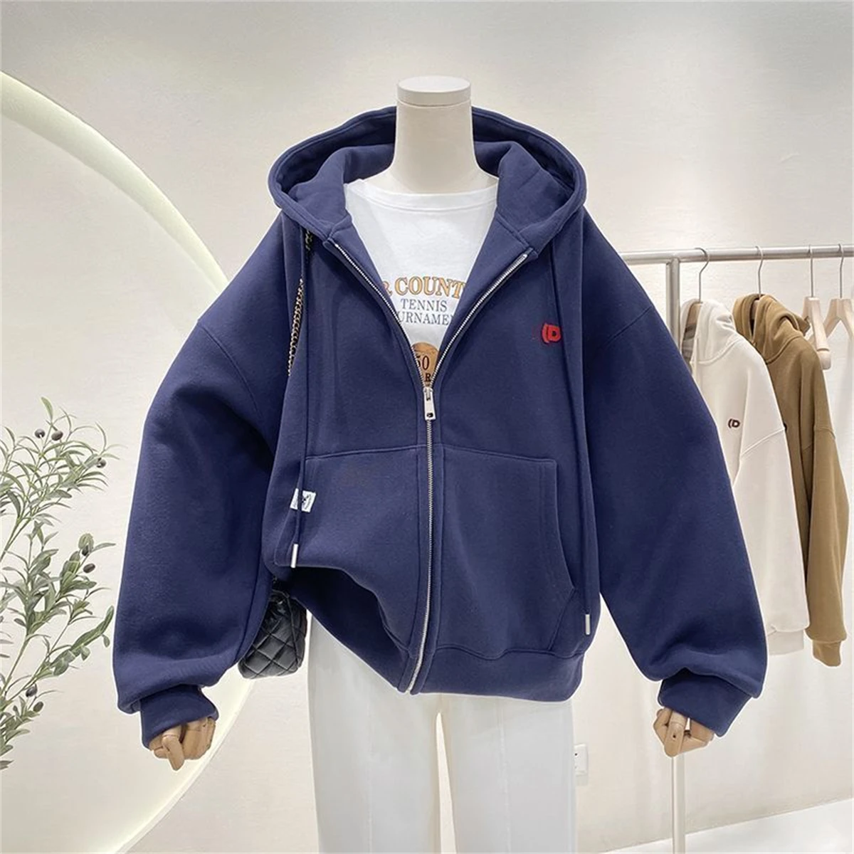 Moda outono sólido moletom com - Women'S Fashion Zip Up Hoodies avaliação e preço