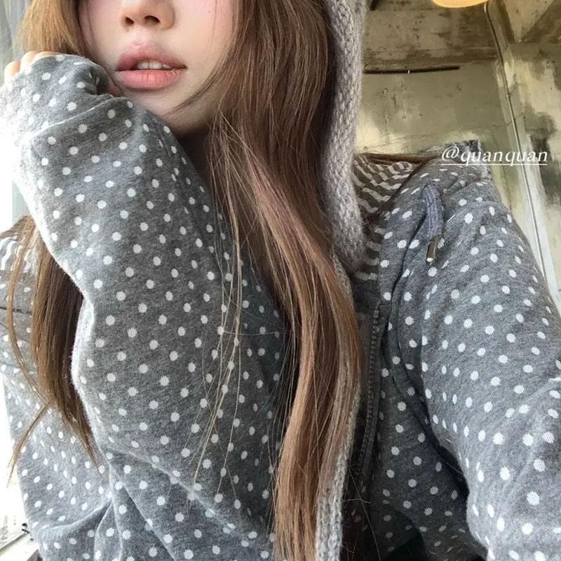 Coreano polka dot casual impre - Women'S Fashion Zip Up Hoodies avaliação e preço