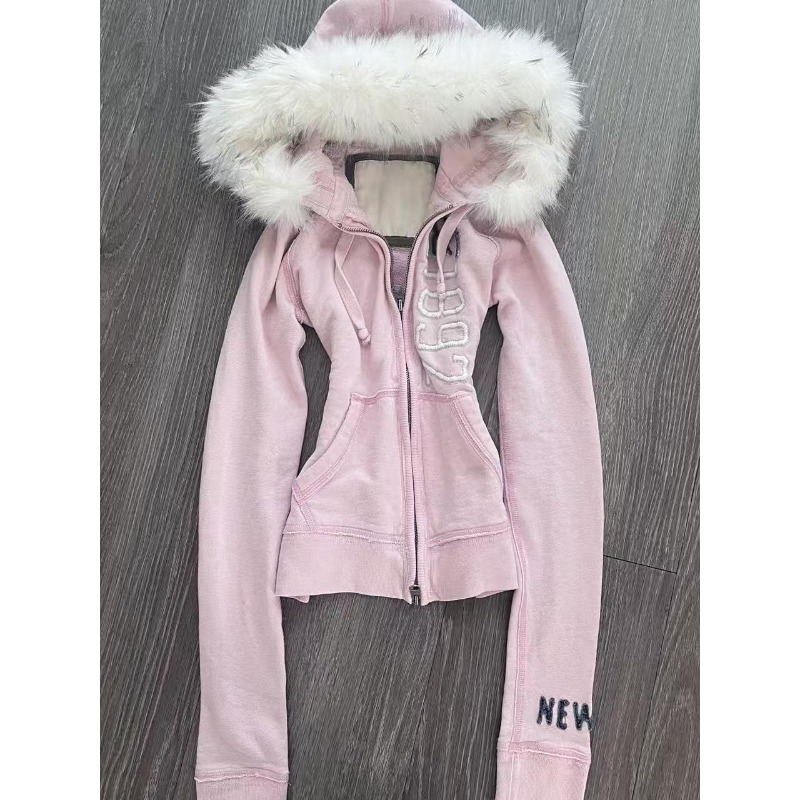 Americano vintage rosa peludo  - Women'S Fashion Zip Up Hoodies avaliação e preço