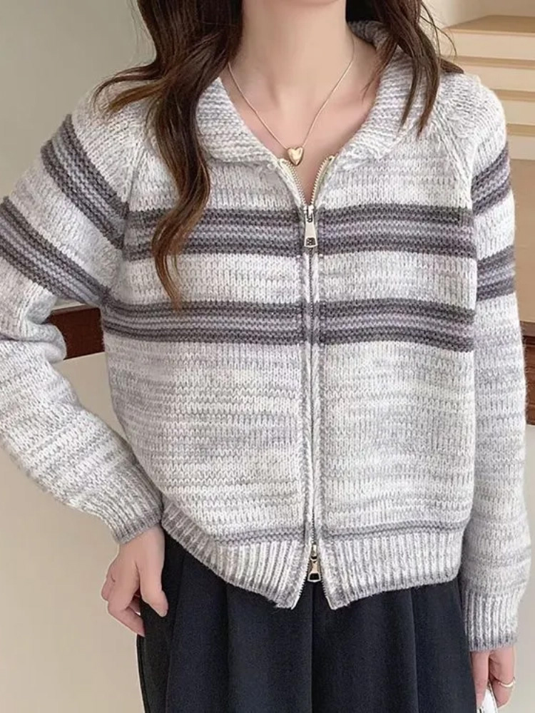 Gola virada para baixo listrad - Women'S Fashion Gilet avaliação e preço