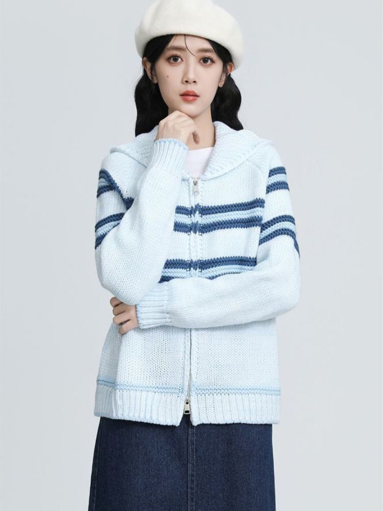 Gola virada para baixo listrad - Women'S Fashion Gilet avaliação e preço