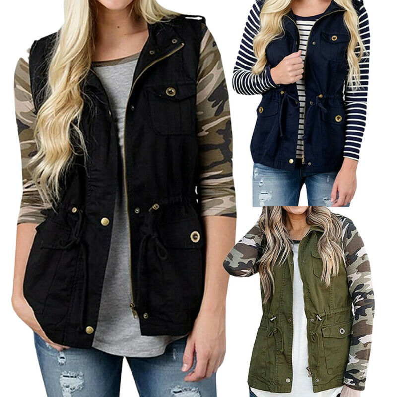 Colete feminino com bolsos, mo - Women'S Fashion Utility Jacket avaliação e preço